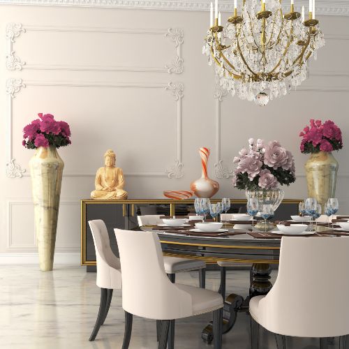 Formal dining room with crystal chandelier