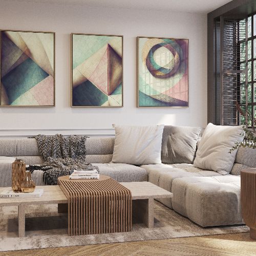 Residential living room with three framed artworks