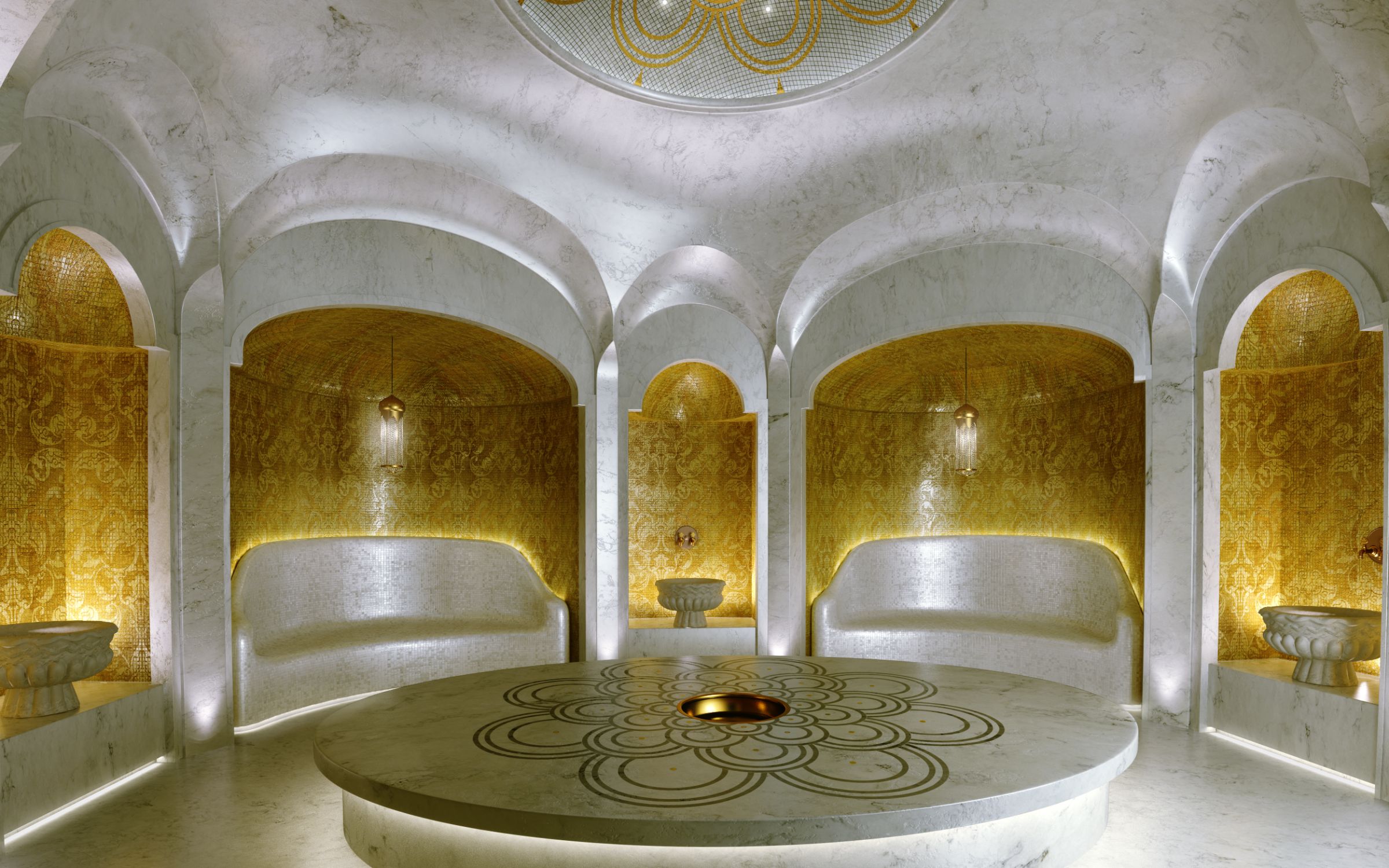Hammam with marble vaults and gold mosaic alcoves