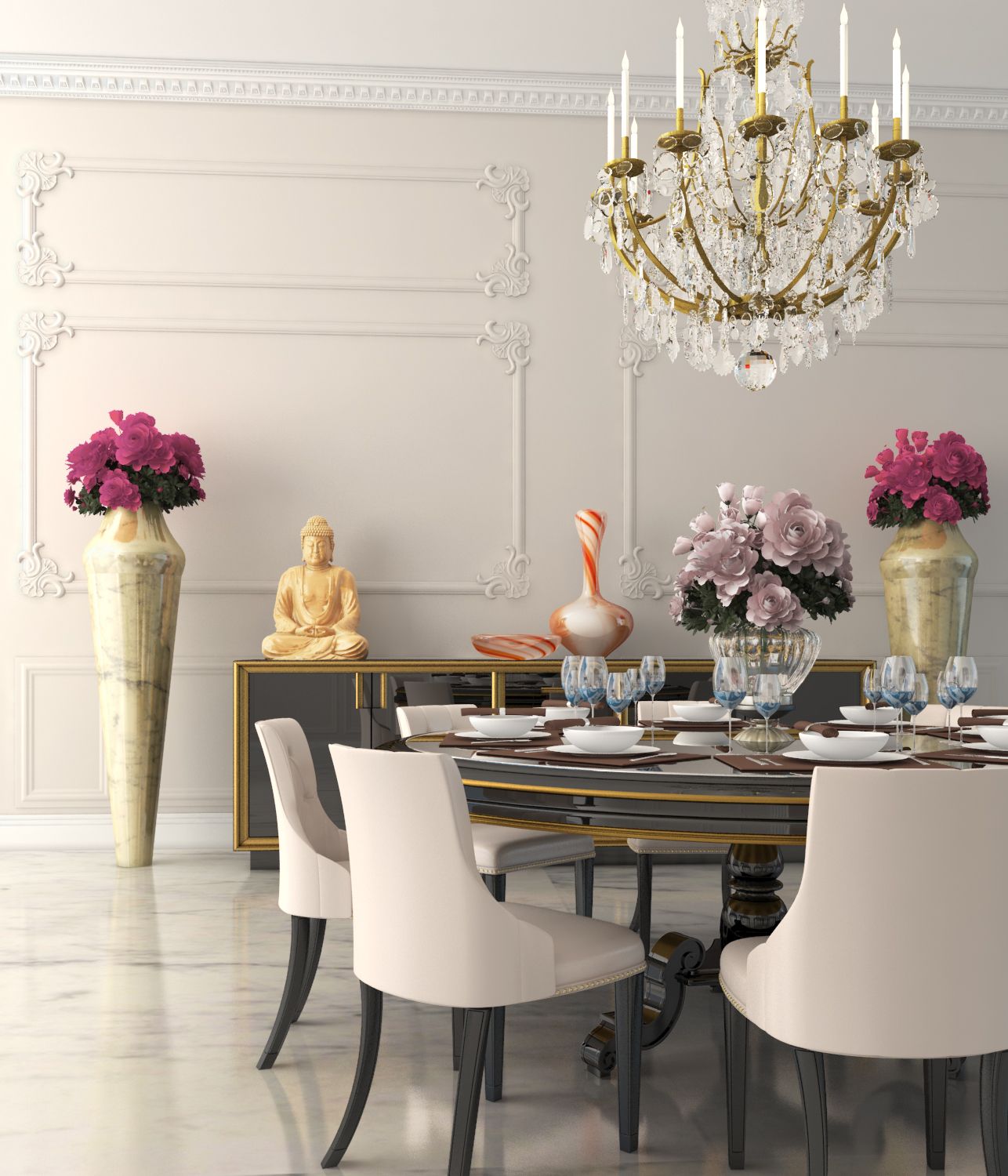 Formal dining room with crystal chandelier