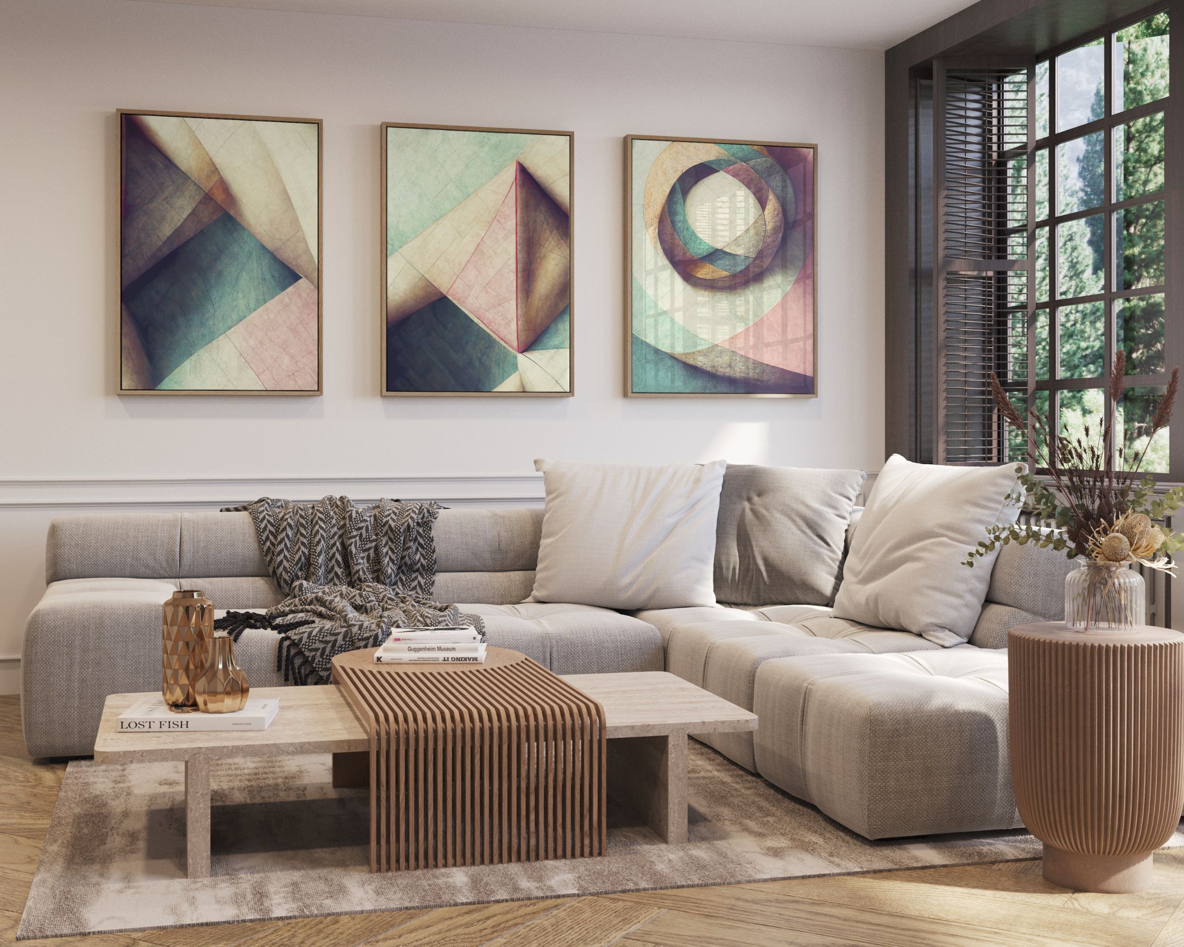 Residential living room with three framed artworks